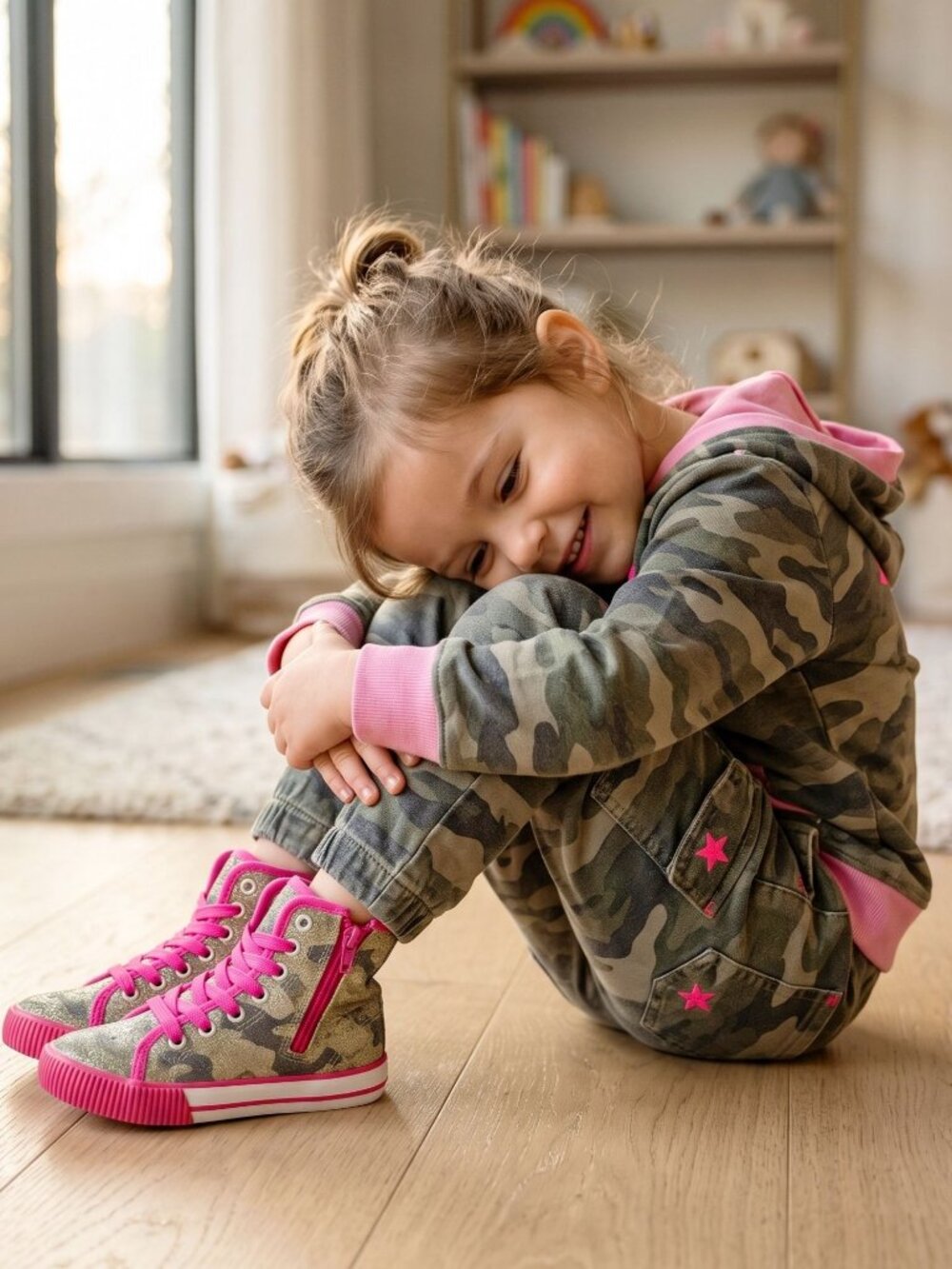 Fab Kids ✦ Camo Glitter High‑Top Sneakers ✦ Pink Accents Side Zip Lace‑Up 9 NWT